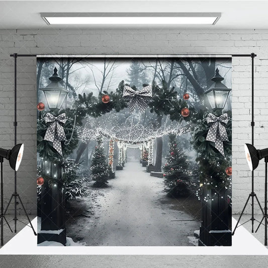 Lofaris Winter Park Christmas Backdrop Street Lamp Grey Bow Light Tunnel Background Snowy Path Holiday Party Decoration