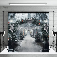 Lofaris Winter Park Christmas Backdrop Street Lamp Grey Bow Light Tunnel Background Snowy Path Holiday Party Decoration