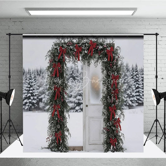 Lofaris Winter Snow Door Frame Backdrop Red Bow Garland Photography Background Outdoor Pine Forest Holiday Party Decoration