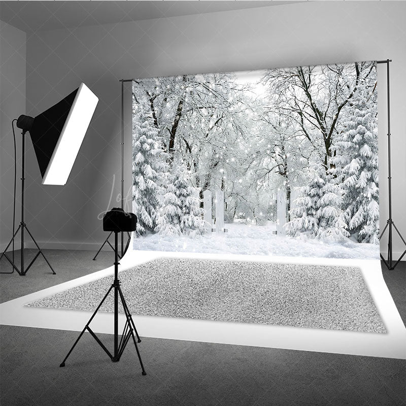Lofaris Winter Snow Forest Photography Backdrop White Gate to an Enchanted Woods Magical Holiday Photo Background