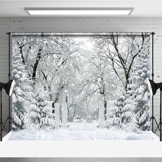 Lofaris Winter Snow Forest Photography Backdrop White Gate to an Enchanted Woods Magical Holiday Photo Background