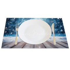 Lofaris Winter Snow Set of 4 Placemats Rustic Wood Floor with Blue Bokeh Christmas Holiday Table Mats Decor