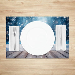 Lofaris Winter Snow Set of 4 Placemats Rustic Wood Floor with Blue Bokeh Christmas Holiday Table Mats Decor