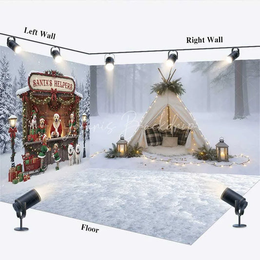 Lofaris Winter Snow Teepee Room Set Backdrop Christmas Santa Helpers Dog Stand Photography Studio Prop