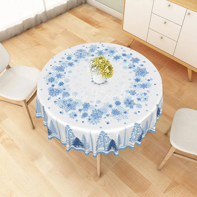 Lofaris Winter Snowflake and Tree Round Tablecloth Blue Forest Silhouette Christmas Holiday Dining Table Decor