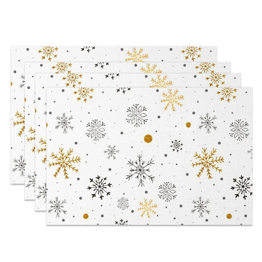 Lofaris Winter Snowflake Set of 4 Placemats White with Gold and Black Snowflakes Modern Holiday Table Mats