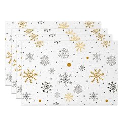 Lofaris Winter Snowflake Set of 4 Placemats White with Gold and Black Snowflakes Modern Holiday Table Mats