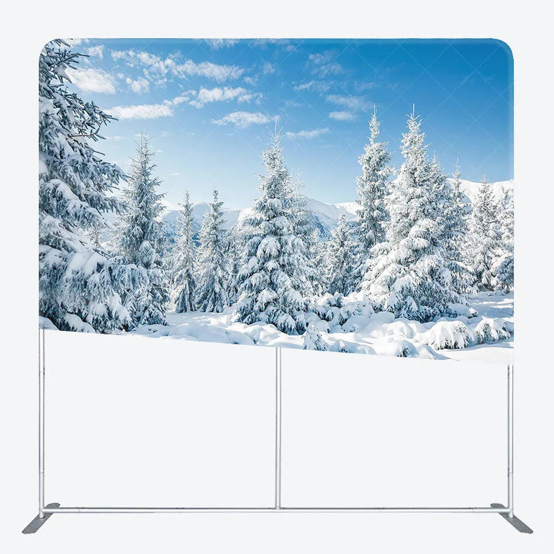 Lofaris Winter Snowy Forest Tension Fabric Backdrop Blue Sky Pine Tree Nature Background Wonderland Scenic Decoration