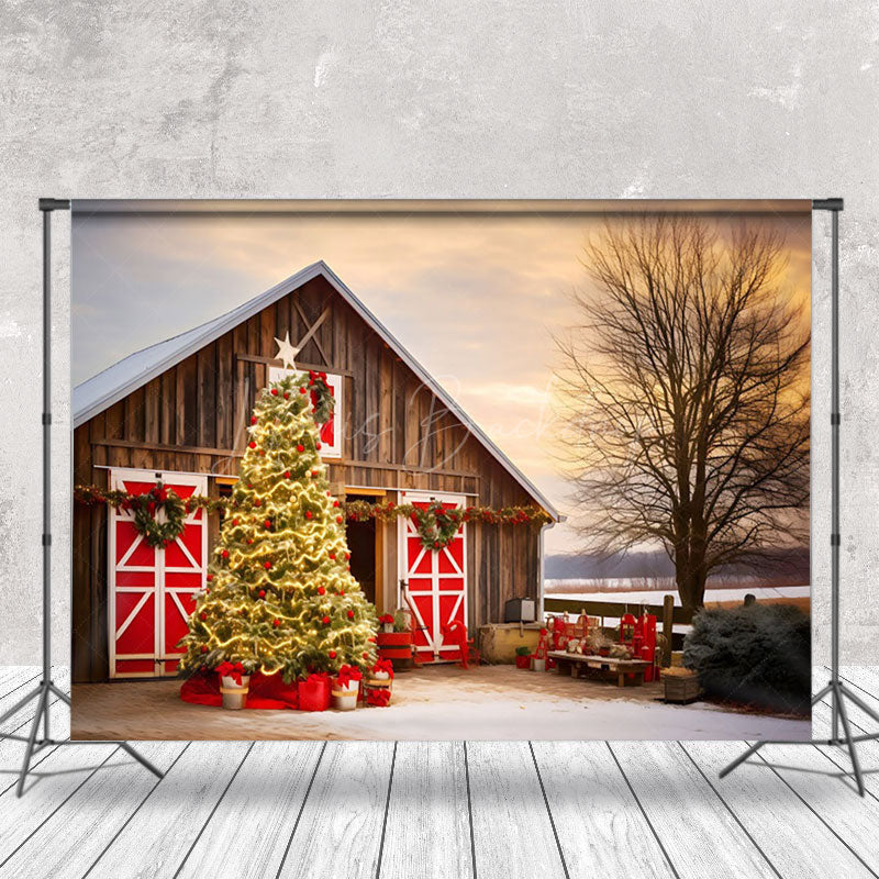 Lofaris Winter Sunset Barn Xmas Trees Christmas Backdrop