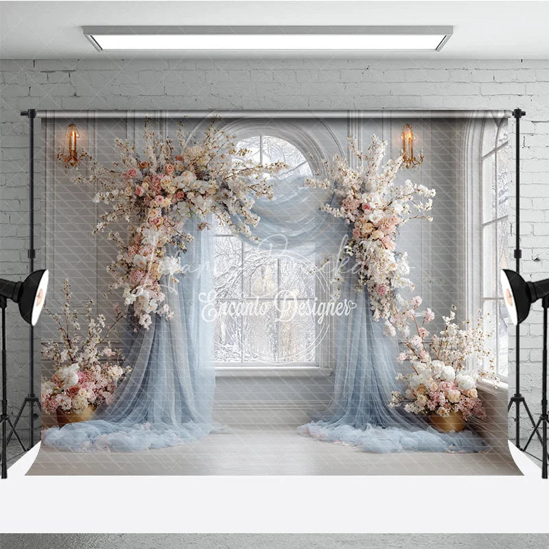 Lofaris Winter Wedding Arch Backdrop Window with Dusty Blue Drapes White and Pink Cherry Blossoms Decor