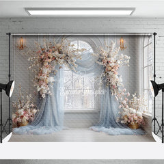 Lofaris Winter Wedding Arch Backdrop Window with Dusty Blue Drapes White and Pink Cherry Blossoms Decor