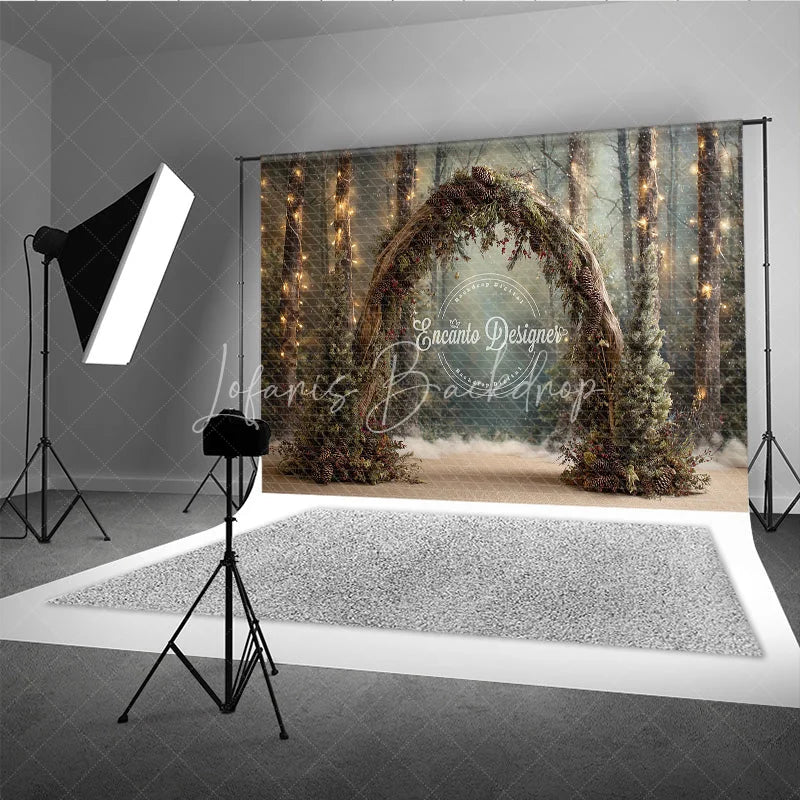 Lofaris Winter Wedding Arch Backdrop Round Pinecone with String Lights Enchanted Forest Holiday Photo Prop