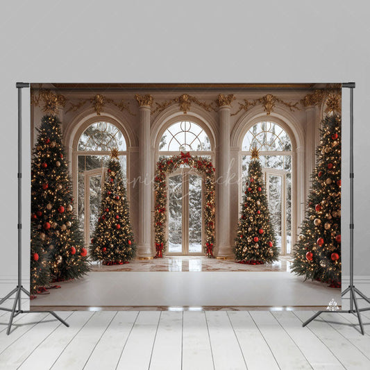 Lofaris Winter White Palace Xmas Tree Festive Photo Backdrop