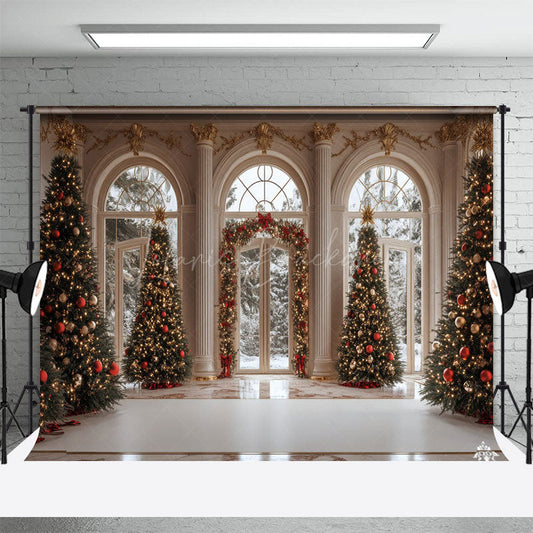 Lofaris Winter White Palace Xmas Tree Festive Photo Backdrop