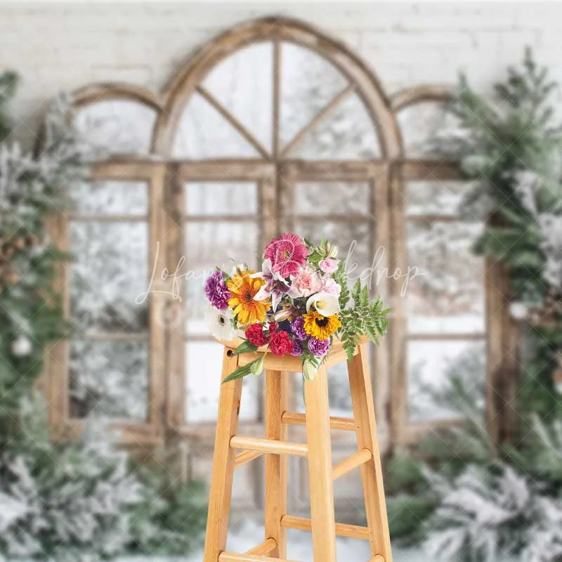 Lofaris Winter Window Backdrop Snowy Pine Forest View Arched Wood Door White Brick Wall Christmas Background