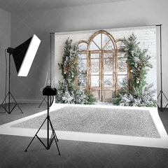 Lofaris Winter Window Backdrop Snowy Pine Forest View Arched Wood Door White Brick Wall Christmas Background
