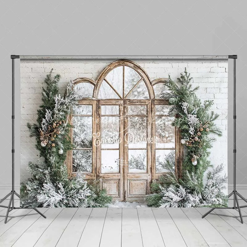 Lofaris Winter Window Backdrop Snowy Pine Forest View Arched Wood Door White Brick Wall Christmas Background