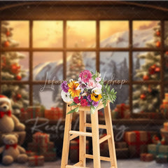 Lofaris Winter Window View Christmas Backdrop Teddy Bear Mountain Snow Background Scenic Landscape Holiday Party Decoration
