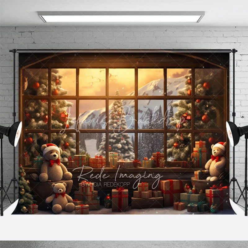 Lofaris Winter Window View Christmas Backdrop Teddy Bear Mountain Snow Background Scenic Landscape Holiday Party Decoration