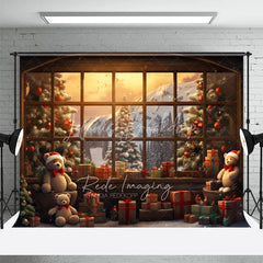 Lofaris Winter Window View Christmas Backdrop Teddy Bear Mountain Snow Background Scenic Landscape Holiday Party Decoration