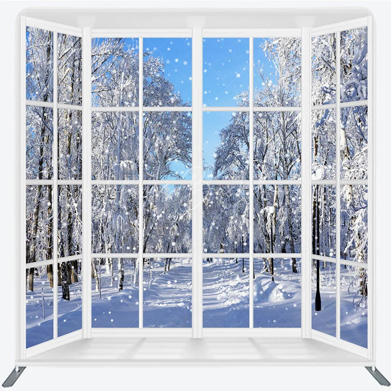 Lofaris Winter Window View Tension Fabric Backdrop Snowy Forest Landscape Decor White Frame Theme Background for Holiday