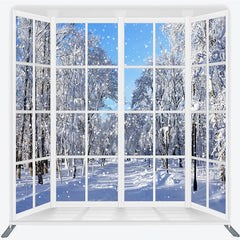 Lofaris Winter Window View Tension Fabric Backdrop Snowy Forest Landscape Decor White Frame Theme Background for Holiday