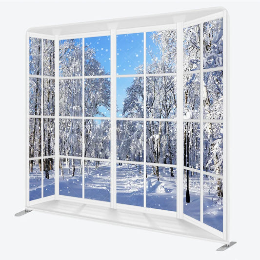 Lofaris Winter Window View Tension Fabric Backdrop Snowy Forest Landscape Decor White Frame Theme Background for Holiday