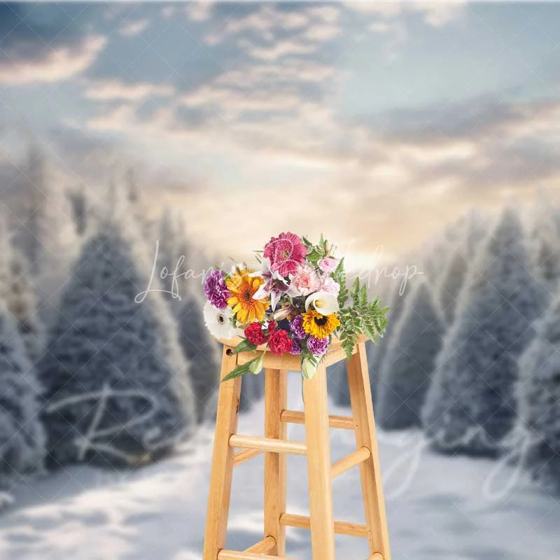 Lofaris Winter Wonderland Backdrop Snowy Pine Forest Path Sunset Sky Nature Photo Background