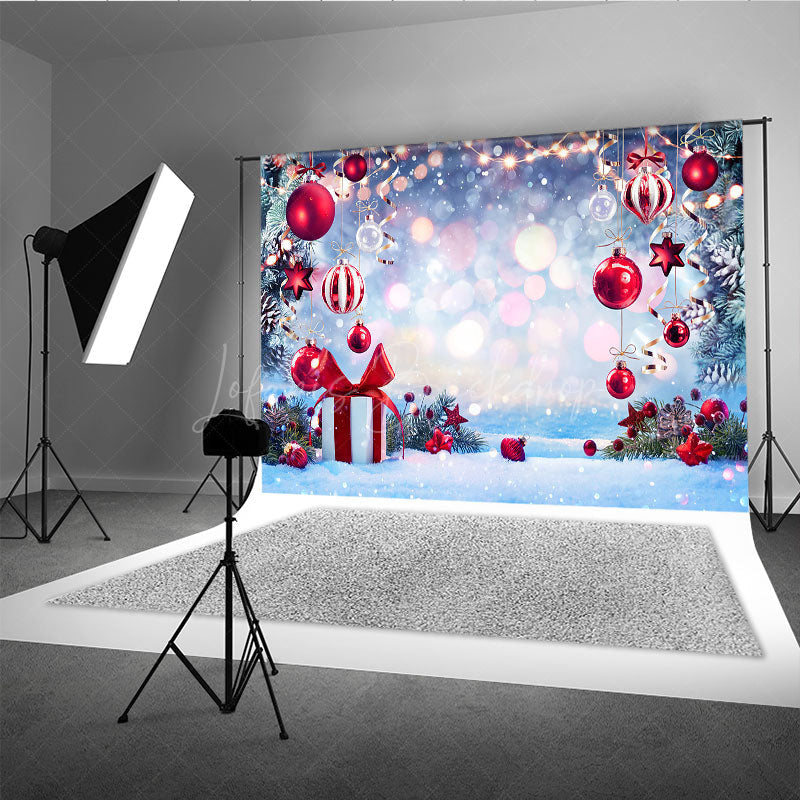 Lofaris Winter Wonderland Christmas Backdrop with Red Ornaments and Snow Bokeh Lights Holiday Party Photo Booth