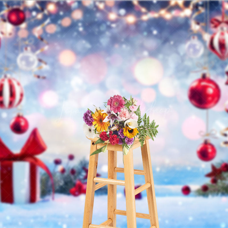 Lofaris Winter Wonderland Christmas Backdrop with Red Ornaments and Snow Bokeh Lights Holiday Party Photo Booth