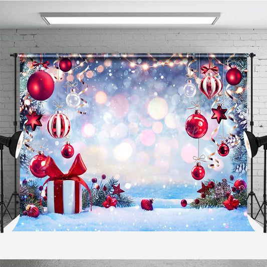 Lofaris Winter Wonderland Christmas Backdrop with Red Ornaments and Snow Bokeh Lights Holiday Party Photo Booth