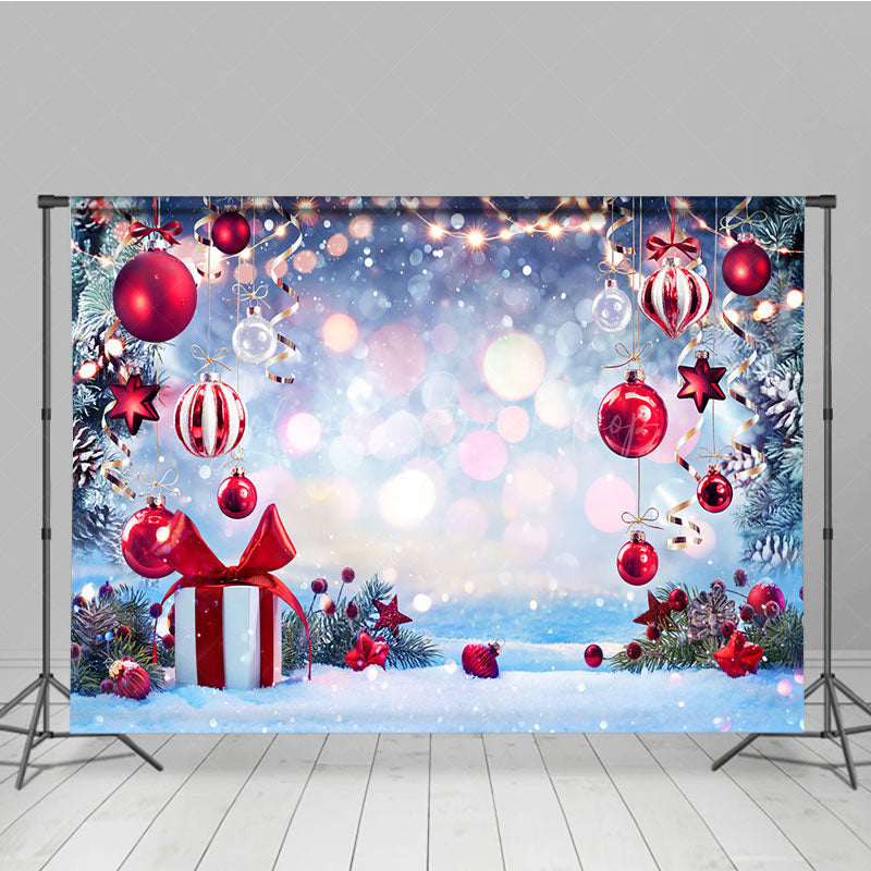 Lofaris Winter Wonderland Christmas Backdrop with Red Ornaments and Snow Bokeh Lights Holiday Party Photo Booth