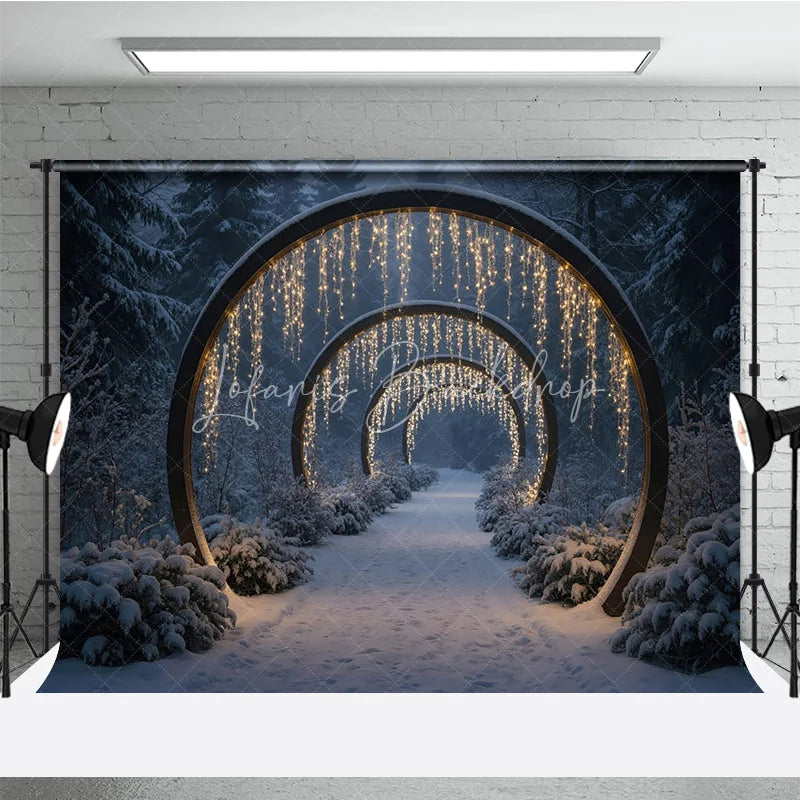Lofaris Winter Wonderland Light Tunnel Photography Backdrop Snowy Path with Glowing Arches Magical Christmas Forest Scene