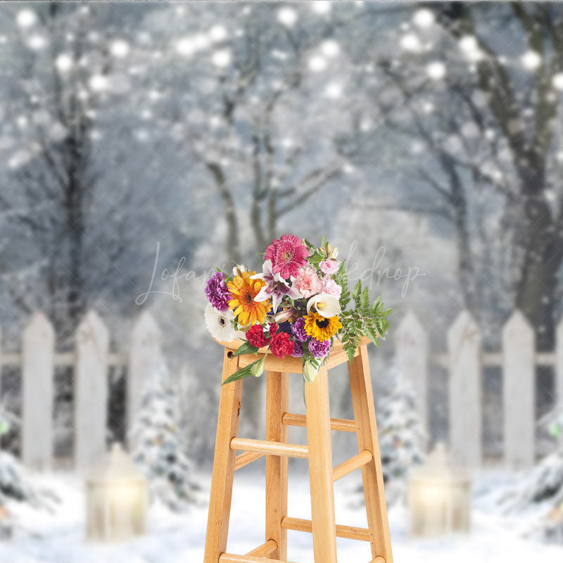 Lofaris Winter Wonderland Photography Backdrop Snowy Forest with Flocked Trees Christmas String Lights Photo Background