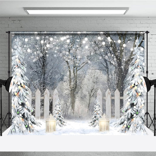 Lofaris Winter Wonderland Photography Backdrop Snowy Forest with Flocked Trees Christmas String Lights Photo Background