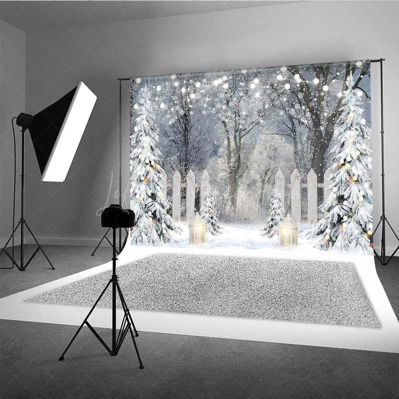 Lofaris Winter Wonderland Photography Backdrop Snowy Forest with Flocked Trees Christmas String Lights Photo Background