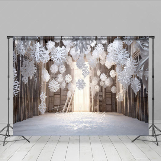 Lofaris Winter Wonderland Photography Backdrop with Hanging Paper Snowflakes White Christmas Rustic Holiday Photo Booth