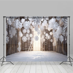 Lofaris Winter Wonderland Photography Backdrop with Hanging Paper Snowflakes White Christmas Rustic Holiday Photo Booth