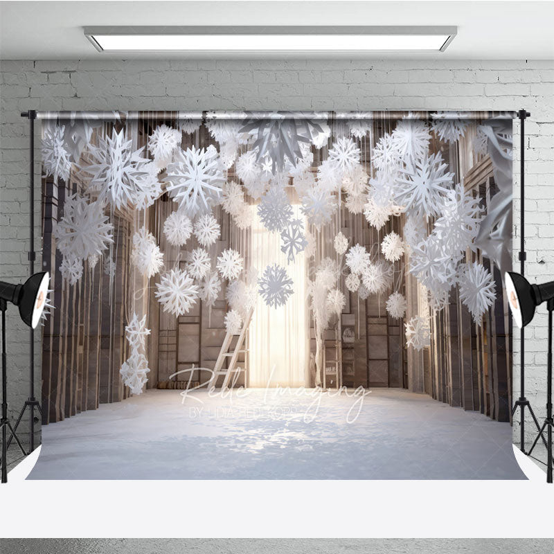 Lofaris Winter Wonderland Photography Backdrop with Hanging Paper Snowflakes White Christmas Rustic Holiday Photo Booth