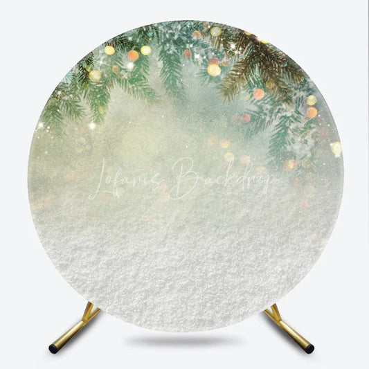 Lofaris Winter Wonderland Round Backdrop with Pine Branches and Snow Warm Bokeh Lights for Christmas Celebrations
