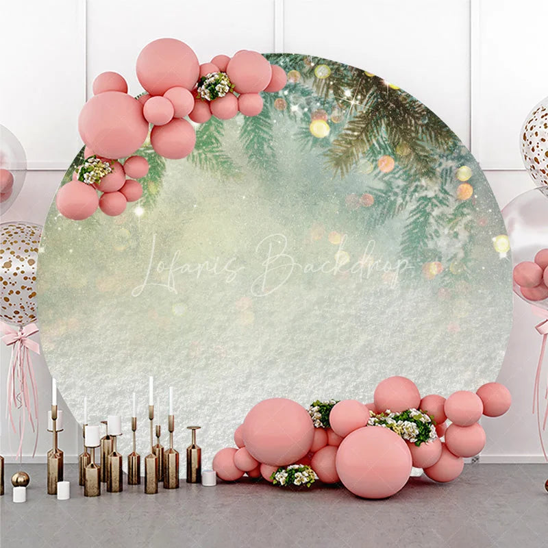 Lofaris Winter Wonderland Round Backdrop with Pine Branches and Snow Warm Bokeh Lights for Christmas Celebrations