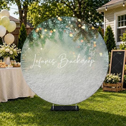 Lofaris Winter Wonderland Round Backdrop with Pine Branches and Snow Warm Bokeh Lights for Christmas Celebrations