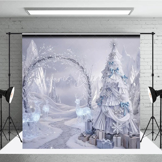 Lofaris Winter Wonderland Silver Ruffle Tree Backdrop Ice Castle Photography Background Crystal Reindeer Holiday Party Decoration