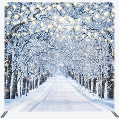 Lofaris Winter Wonderland Tension Fabric Backdrop Snowy Road with String Lights Christmas Forest Photography Background