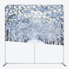 Lofaris Winter Wonderland Tension Fabric Backdrop Snowy Road with String Lights Christmas Forest Photography Background