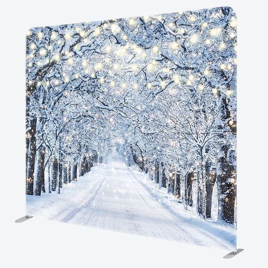 Lofaris Winter Wonderland Tension Fabric Backdrop Snowy Road with String Lights Christmas Forest Photography Background