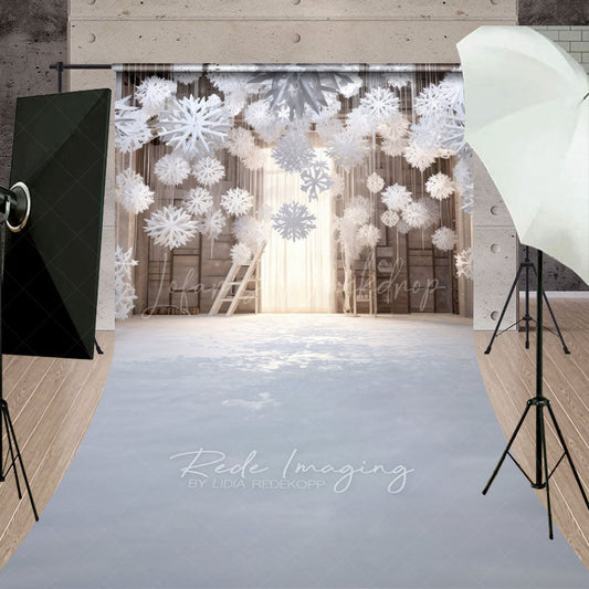 Lofaris Winter Wonderland with Hanging Snowflakes Sweep Backdrop White Christmas Rustic Holiday Photo Studio Floor Drop