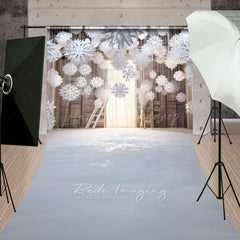 Lofaris Winter Wonderland with Hanging Snowflakes Sweep Backdrop White Christmas Rustic Holiday Photo Studio Floor Drop
