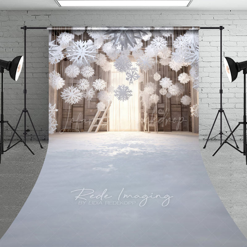 Lofaris Winter Wonderland with Hanging Snowflakes Sweep Backdrop White Christmas Rustic Holiday Photo Studio Floor Drop