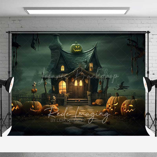 Lofaris Witch’s Cottage Halloween Photography Backdrop Spooky House with Jack O’ Lanterns Haunted Forest Night Scenery